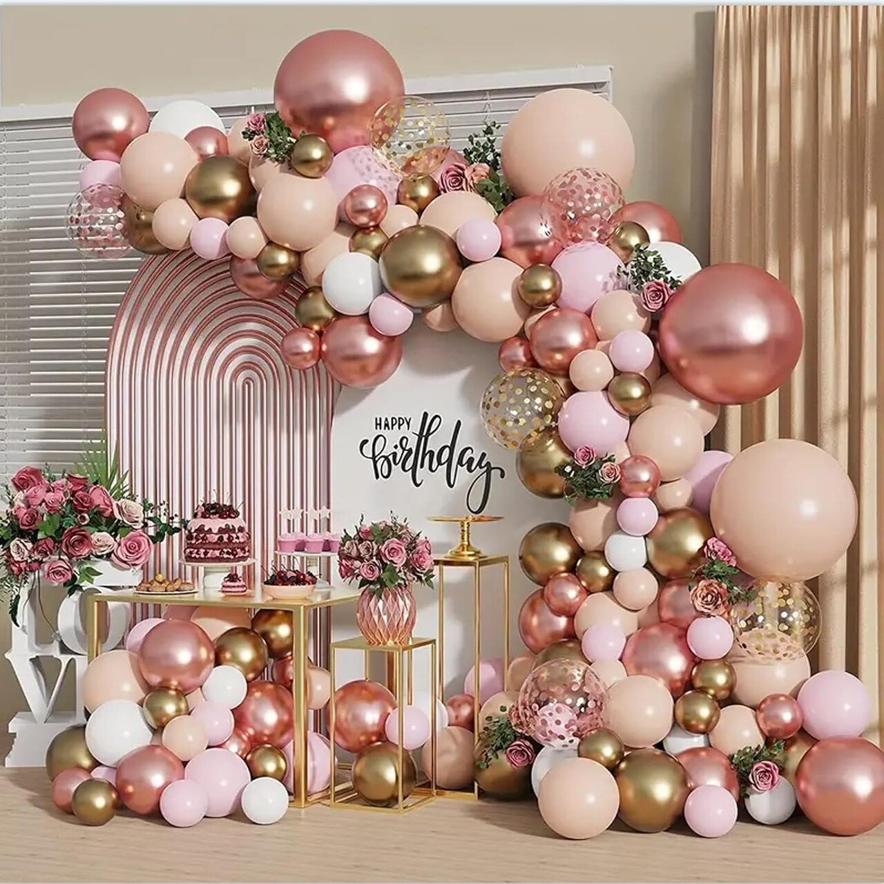 Rose Gold Balloon Garland Kit, Nude Pastel Pink Metallic Gold Matte White Balloons Gold and Rose Gold Confetti Balloons for Wedding Bridal Shower Birthday Baby Shower Easter Decorations